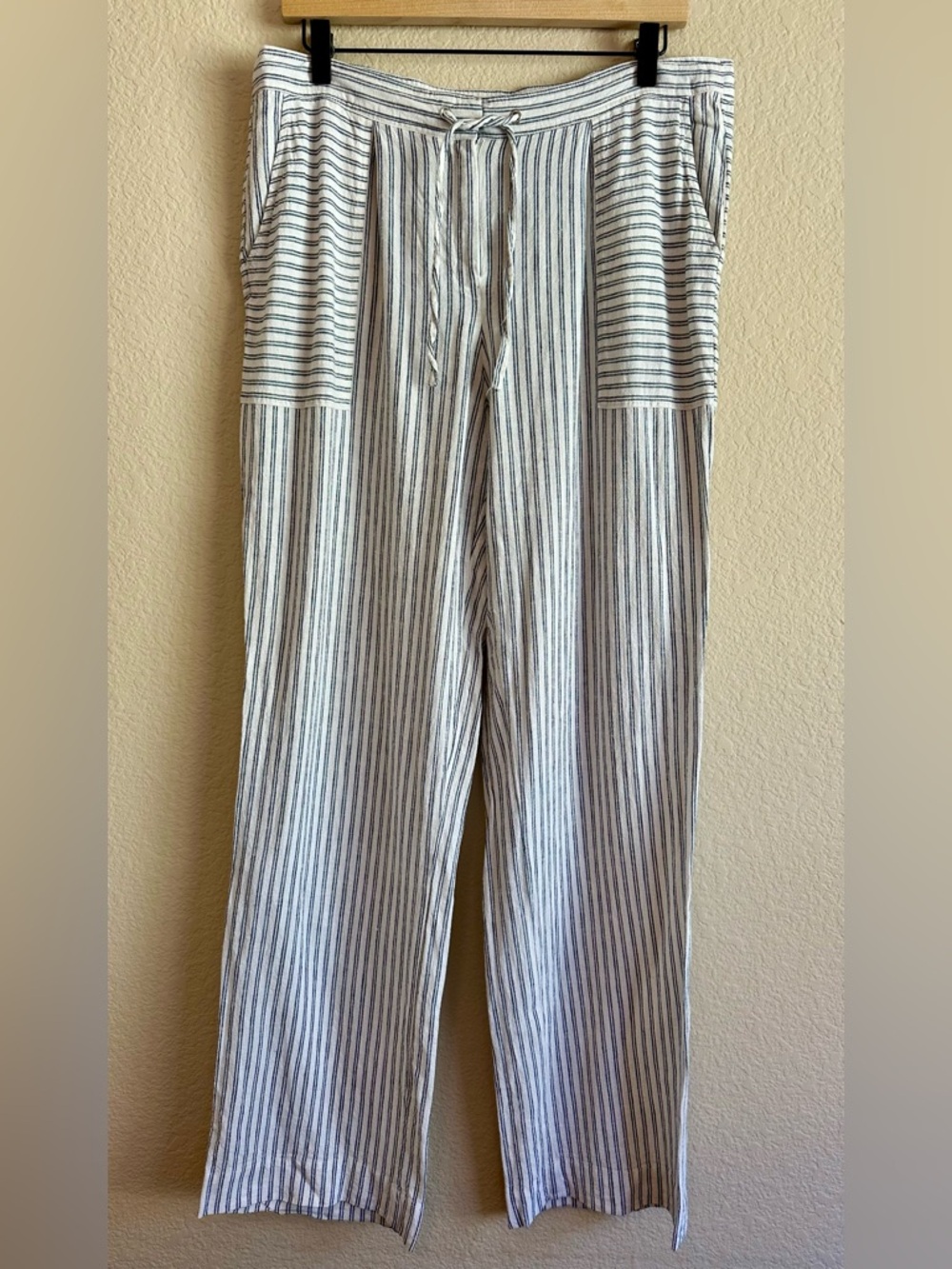 Laundry Shelli Segal Linen Wide Leg Pant White Stripe Sq Pockets Women 12 Resort